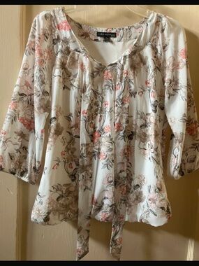 Sara Michelle White Floral Tie-Neck Blouse with Pink & Taupe Blooms